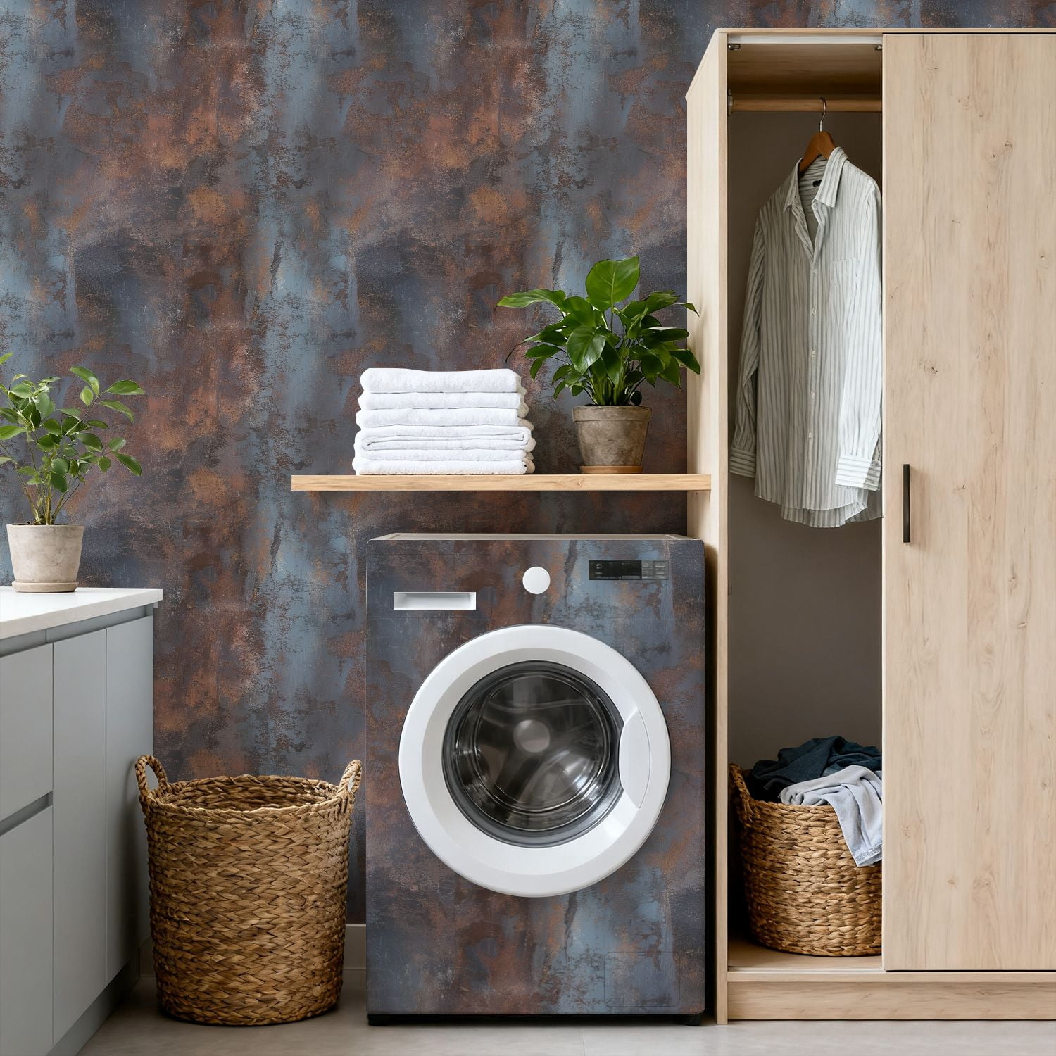 Peel and Stick Wallpaper Abstract Rust Blue Patched Texture Weathered Finish Wall Mural 17.7in x 9.8ft Self Adhesive Removable Wall Paper Renter Friendly Wallpaper for Nursery Bedroom Cabinets