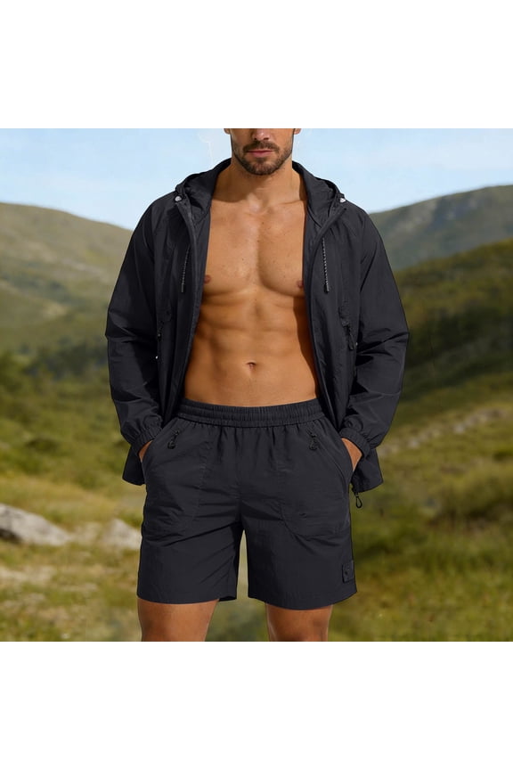 Mens Vacation Outfits 2 Piece Sun Protection Clothing Short Sleeve Full Zip Up Hoodies and Shorts Matching Set Beachwear