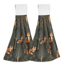 Yayeee Kitchen Hanging Hand Towels Set of 2 with Loop Bathroom Absorbent Tie Towel, Green Forest Fox Pattern