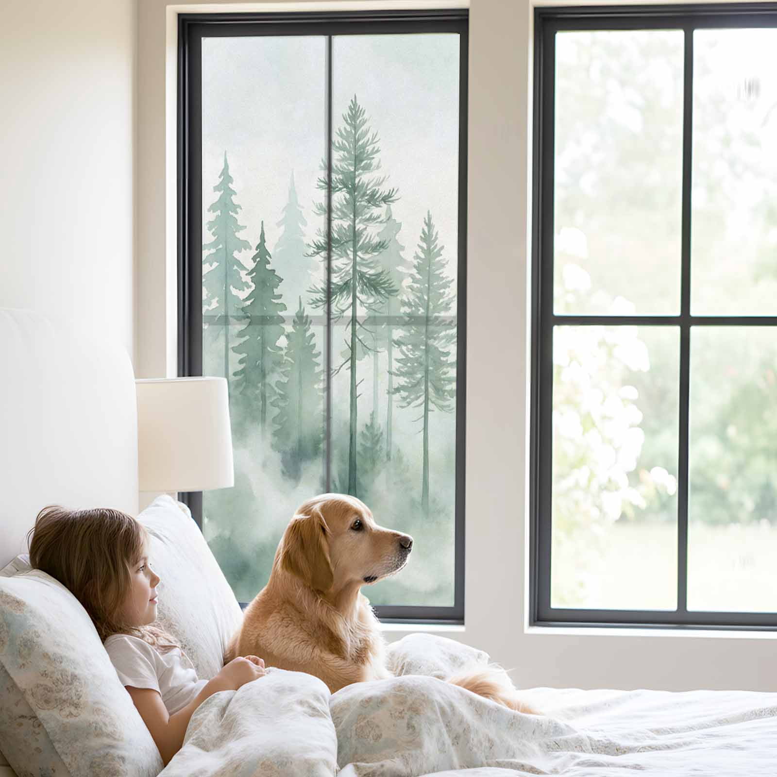 Green Forest Window Privacy Film, Watercolor Misty Green Tall Trees Frosted Glass Window Clings Static Cling UV Heat Blocking Reusable Door Sticker for Bathroom 23.6 x 59 Inch