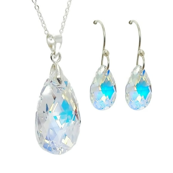 Juego de aretes y cadena con dije en forma de hoja, plata mexicana ley .925, Aurora Boreal.
