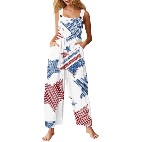 JULMCOMO American Flag Jumpsuits for Women 1776 250th Year Plus Size Wide Leg Stars Stripes Overalls Red White Blue Sleeveless Patriotic Rompers with Pockets Light Blue 4XL