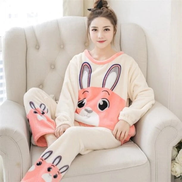 Conjunto de Pijamas de franela para mujer, ropa de dormir de conejo, Negligee, plantas, lencería de invierno, Kawaii, dibujos animados