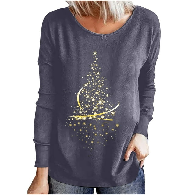 CEHVOM Ladies Casual Christmas Print Round Neck Loose Long Sleeve Top