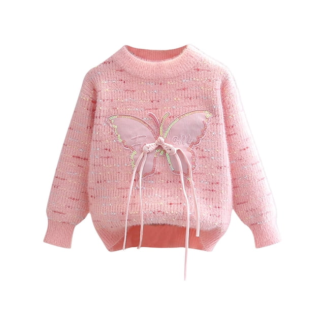 Chandail pour Bébé Fille Col Rond Manches Longues Imprimé Dessin Animé Tricot Automne Hiver Chandail en Molleton Rose