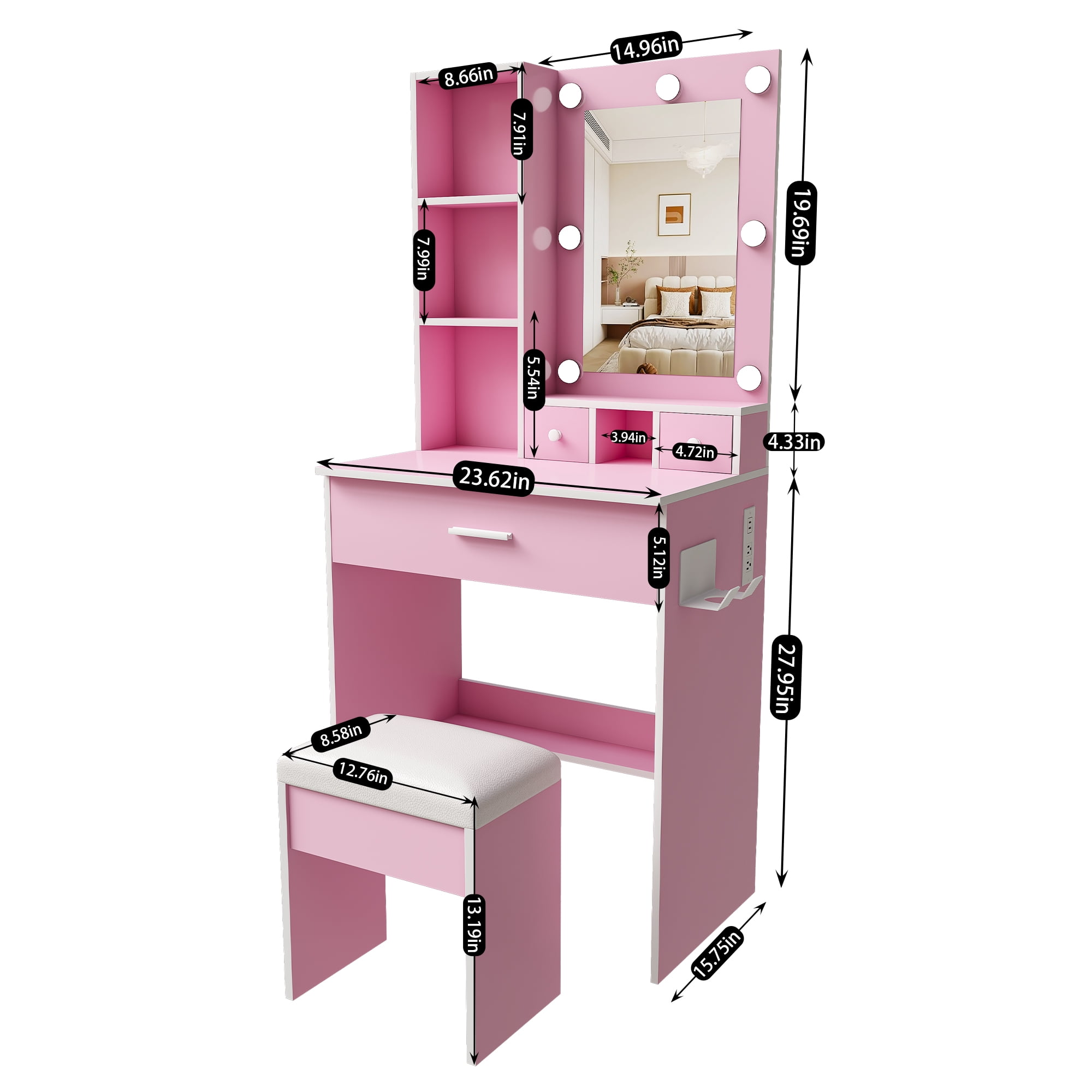 Compact Vanity Table Set with Adjustable LED Mirror, Power Outlet, Hairdryer Holder & Upholstered Stool, Makeup Dressing Desk for Small Bedroom