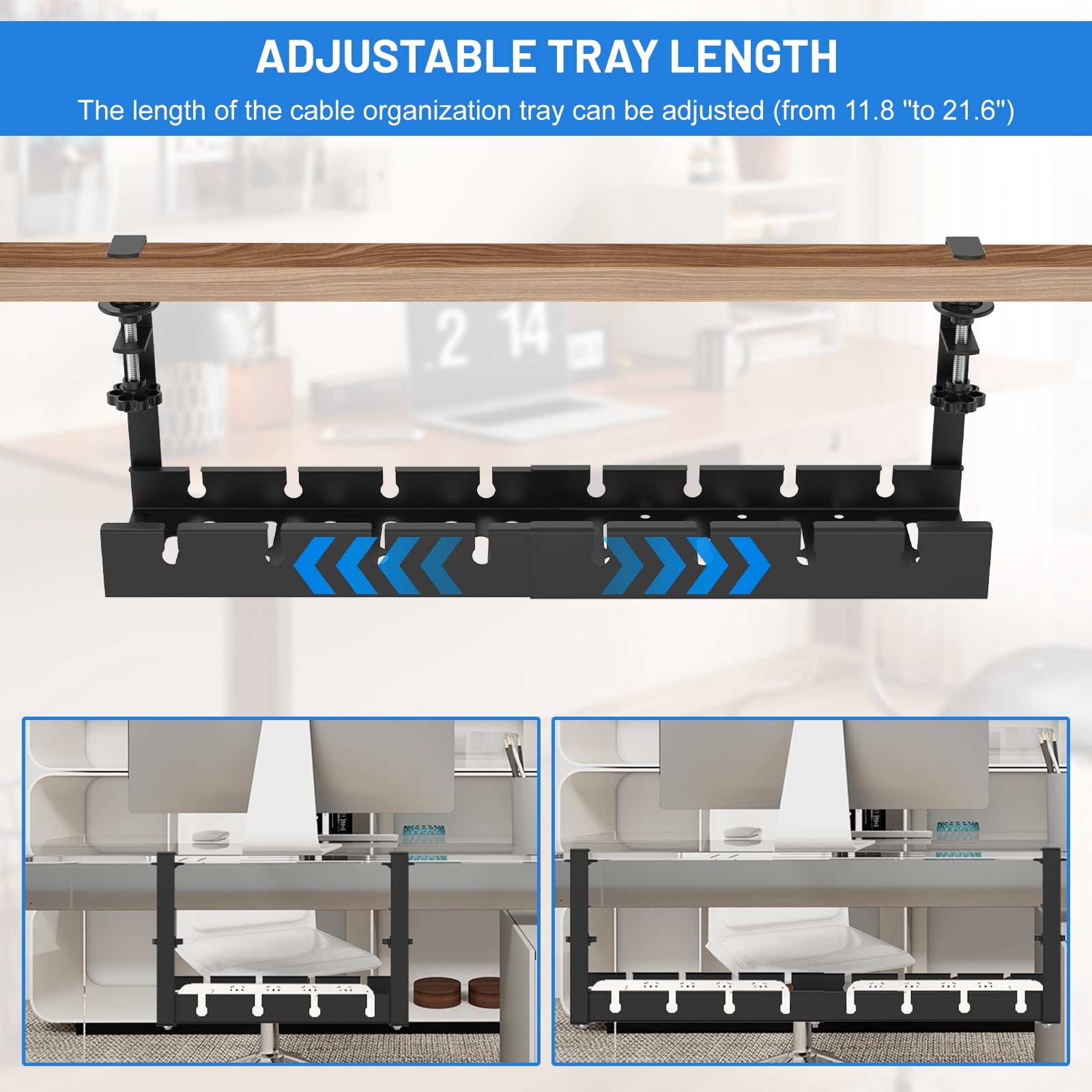 No Drilling Extendable Under Desk Cable Management, Metal Cable Management Tray Under Desk with Clamp, Retractable Power Strip Cord Holder for Wire Management from 11.8"-21.6 "