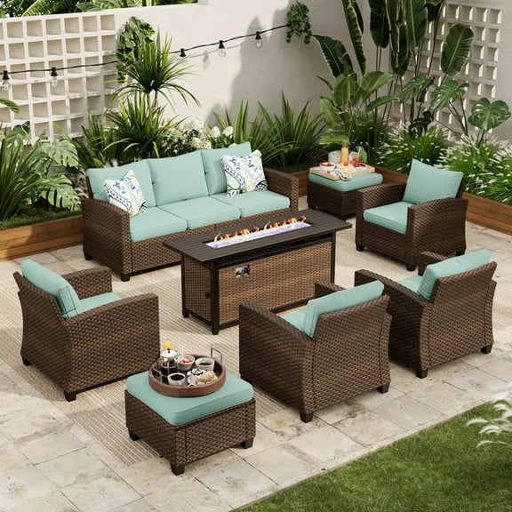 Sophia & William 8 Pieces Wicker Patio Furniture Set 9-Seat Outdoor Conversation Set with 56" Fire Pit Table, Blue