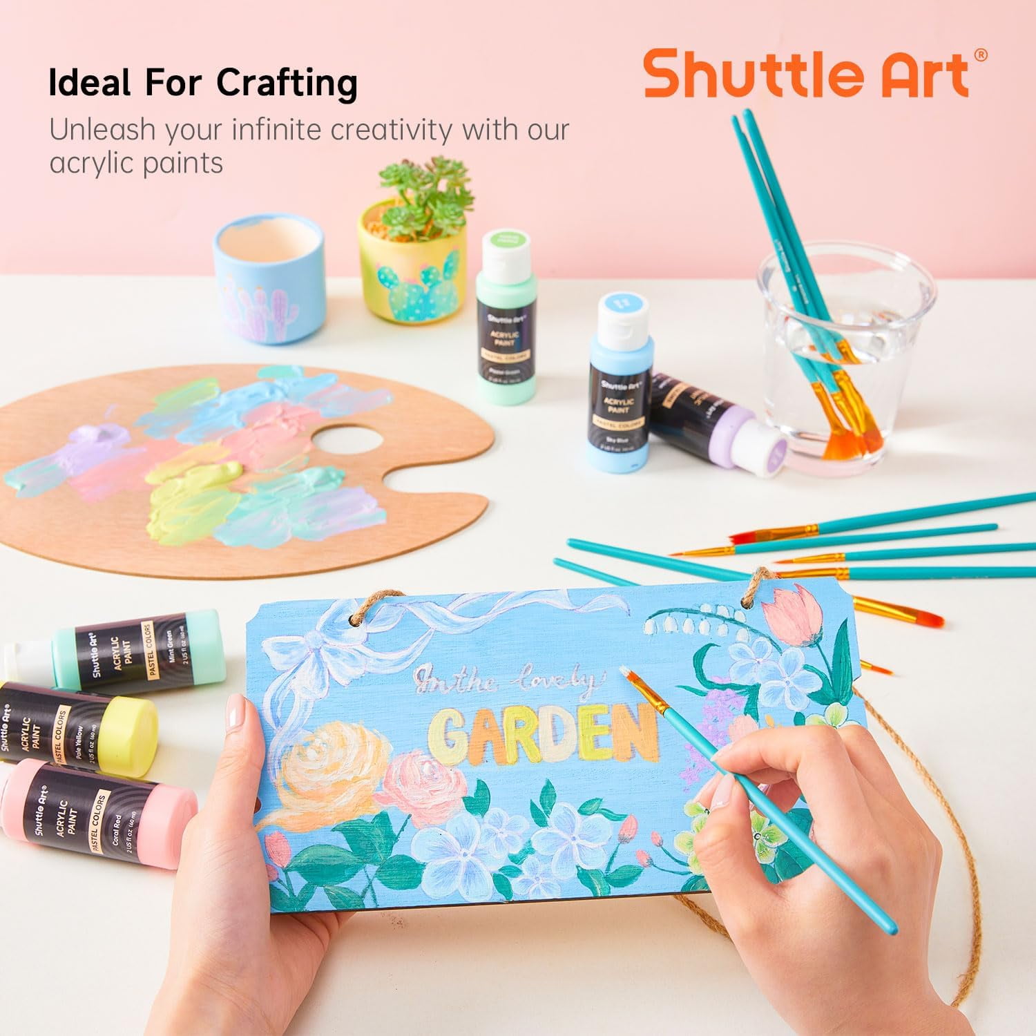 Shuttle Art 40 Pack Pastel Acrylic Paint Set, 30 Colors, 60ml/2oz Bottles, High Viscosity, Water-proof Paint With 10 Paint Brushes for Painting &Crafting