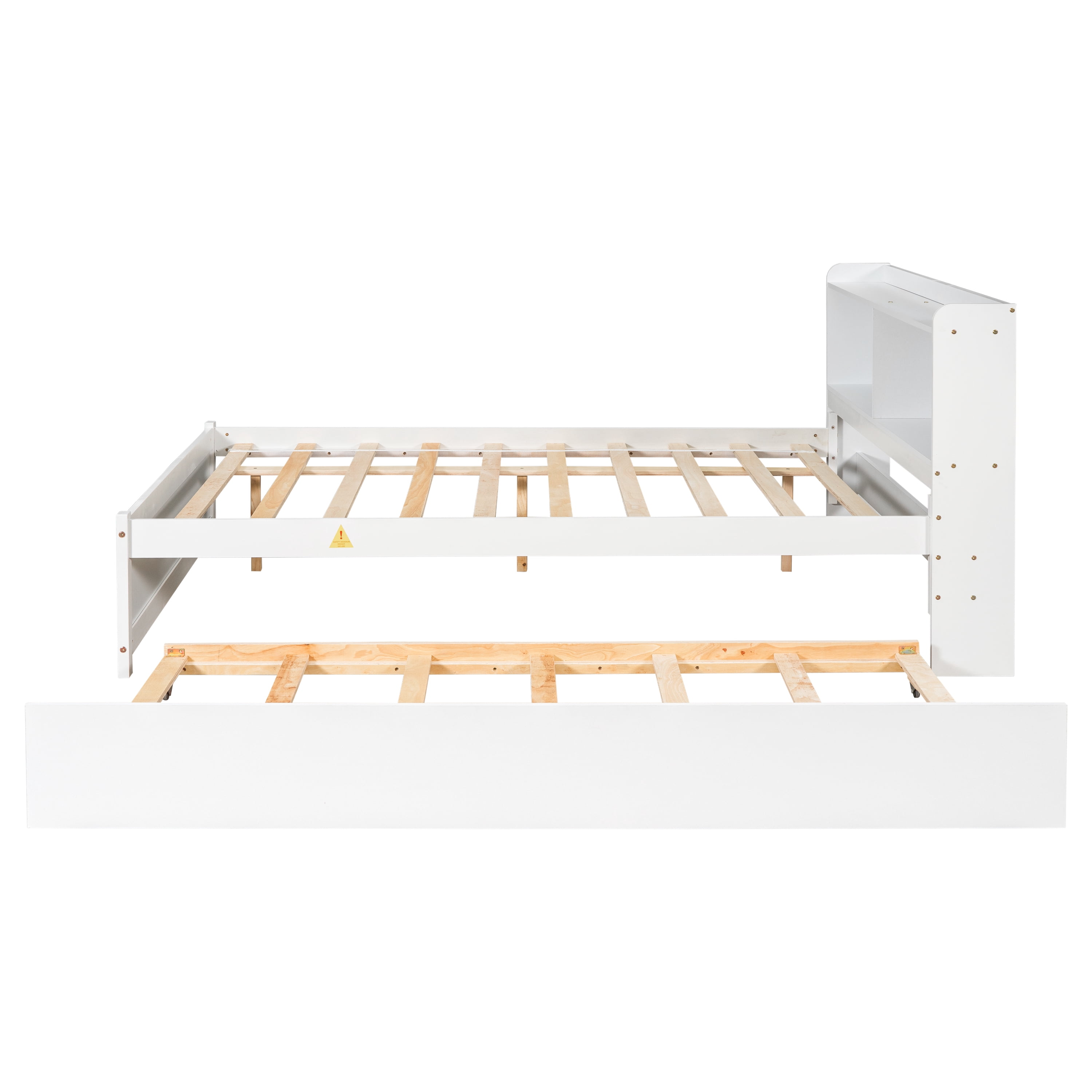 Miniyam Full Size Bed Frame with Trundle & Bookcase Headboard for Kids and Teens, White