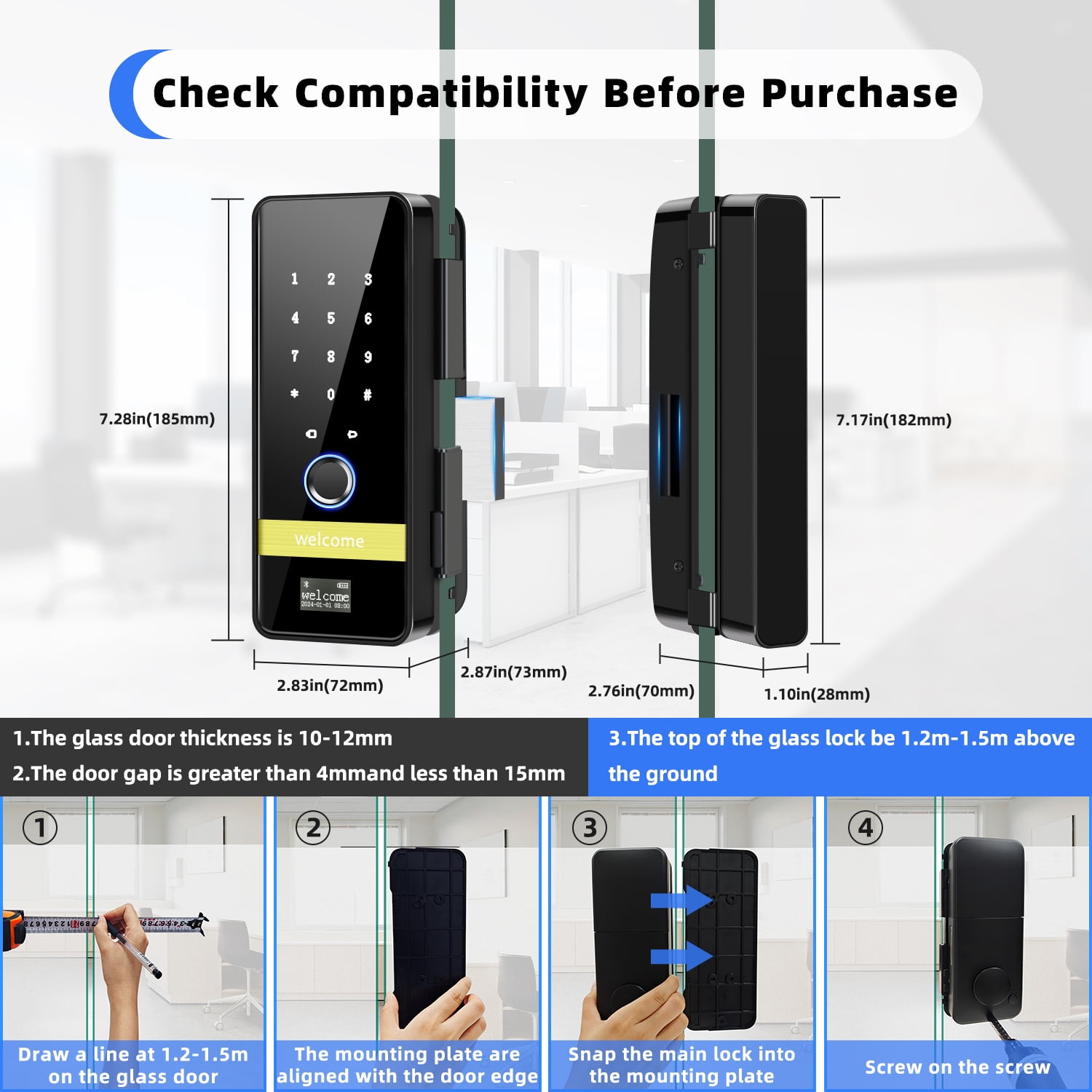 Smart Glass Door Lock,8 in 1 Keyless Entry Fingerprint Deadbolt with App Control,Electronic Deadbolt for Glass Door with Frame,Smart Lock for Glass Front Door/Patio Door/Commercial Glass Door