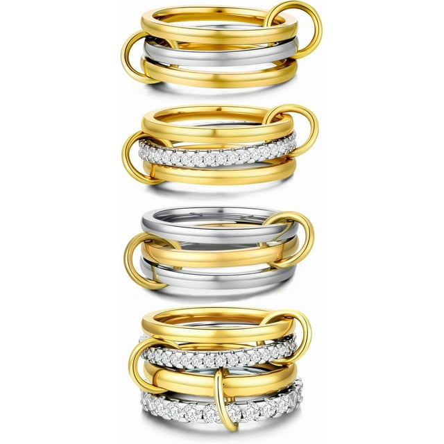 4 Pack Interlocked Stackable Rings for Women - 14K Gold Plated Statement 4 Mixed Metals Multi Ring Stack - Cubic Zirconia Two-Toned Connected Bands Stacking Jewelry