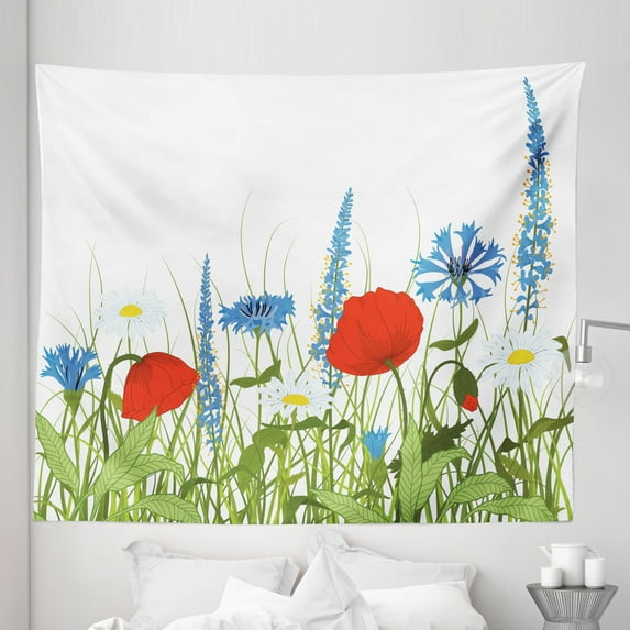 Spring Tapestry, Bloomed Poppy and Chamomile Among Wild Herbs and Grasses, Fabric Wall Hanging Decor for Bedroom Living Room Dorm, 5 Sizes, Apple Green Azure Blue, by Ambesonne