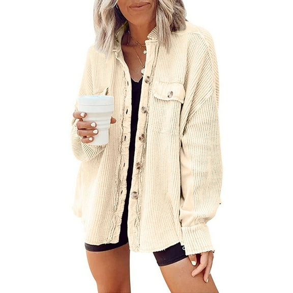 Womens Waffle Knit Shacket Boyfriend Shirt Jacket Button Down Blouse Loose Fit Long Sleeve Tops