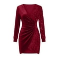 thumbnail image 5 of ClodeEU Womens Long Sleeve Velvet with Sequin Sexy Ruched Bodycon Dress,Wrap V Neck Cocktail Party Dress Wine,Womens Plus S, 5 of 6