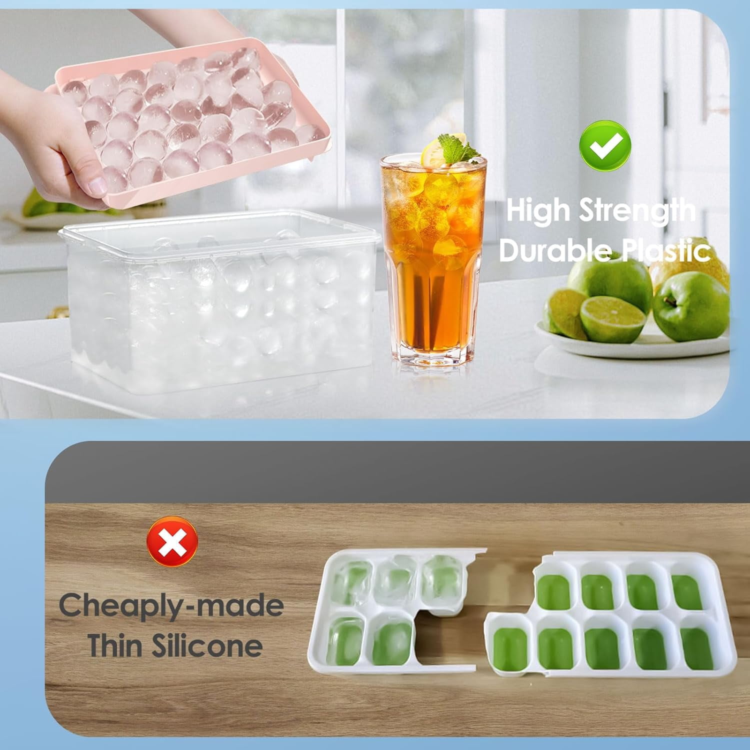 Ice Cube Tray with Lid and Bin - Round Ice Trays for Freezer with Lid - Ice Cube Trays for Freezer with Ice Container