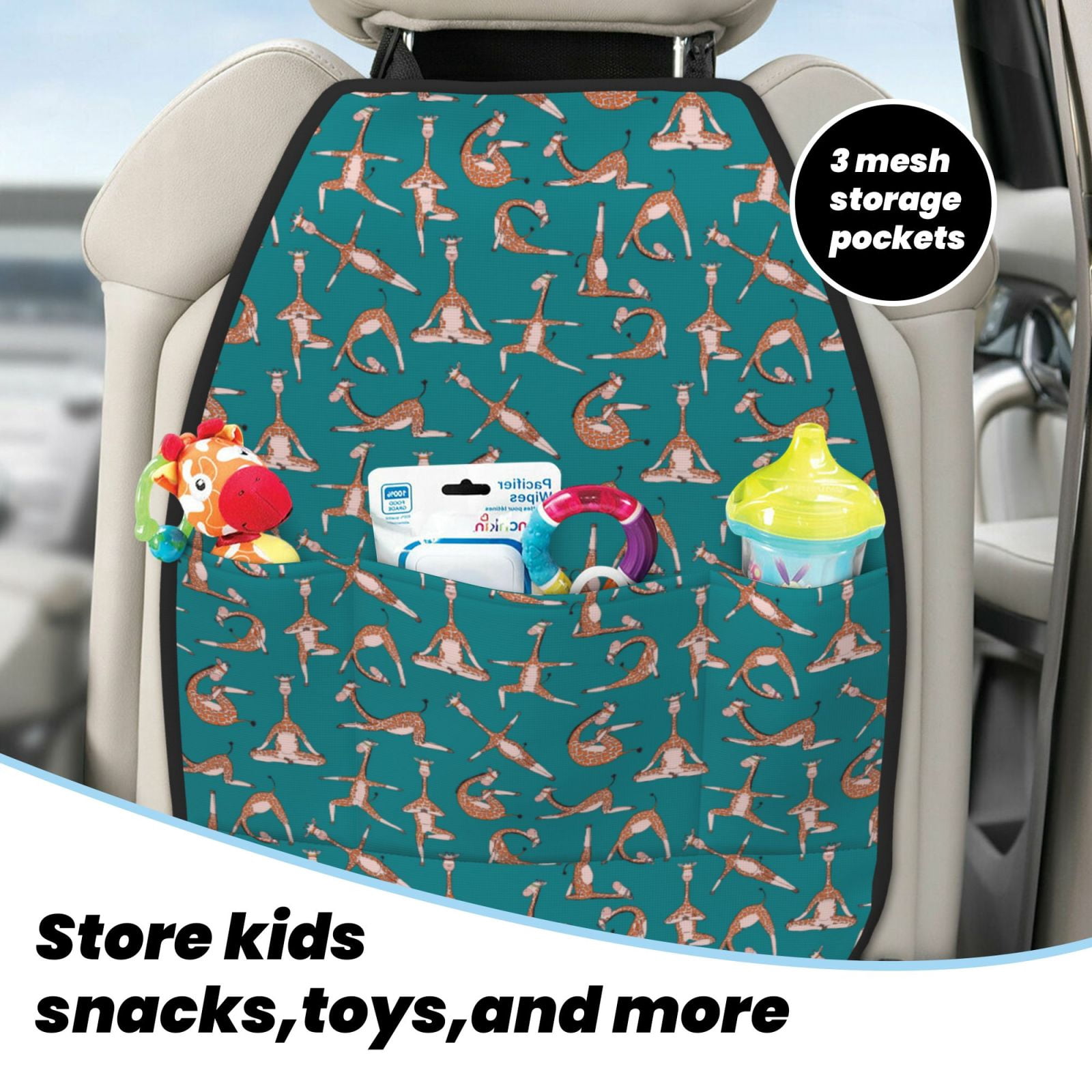 Xecao Giraffes Doing Various Yoga Pattern Car Seat Back Protector 2 Pack Large Capacity Pocket, Kick Mats Back Seat Protector