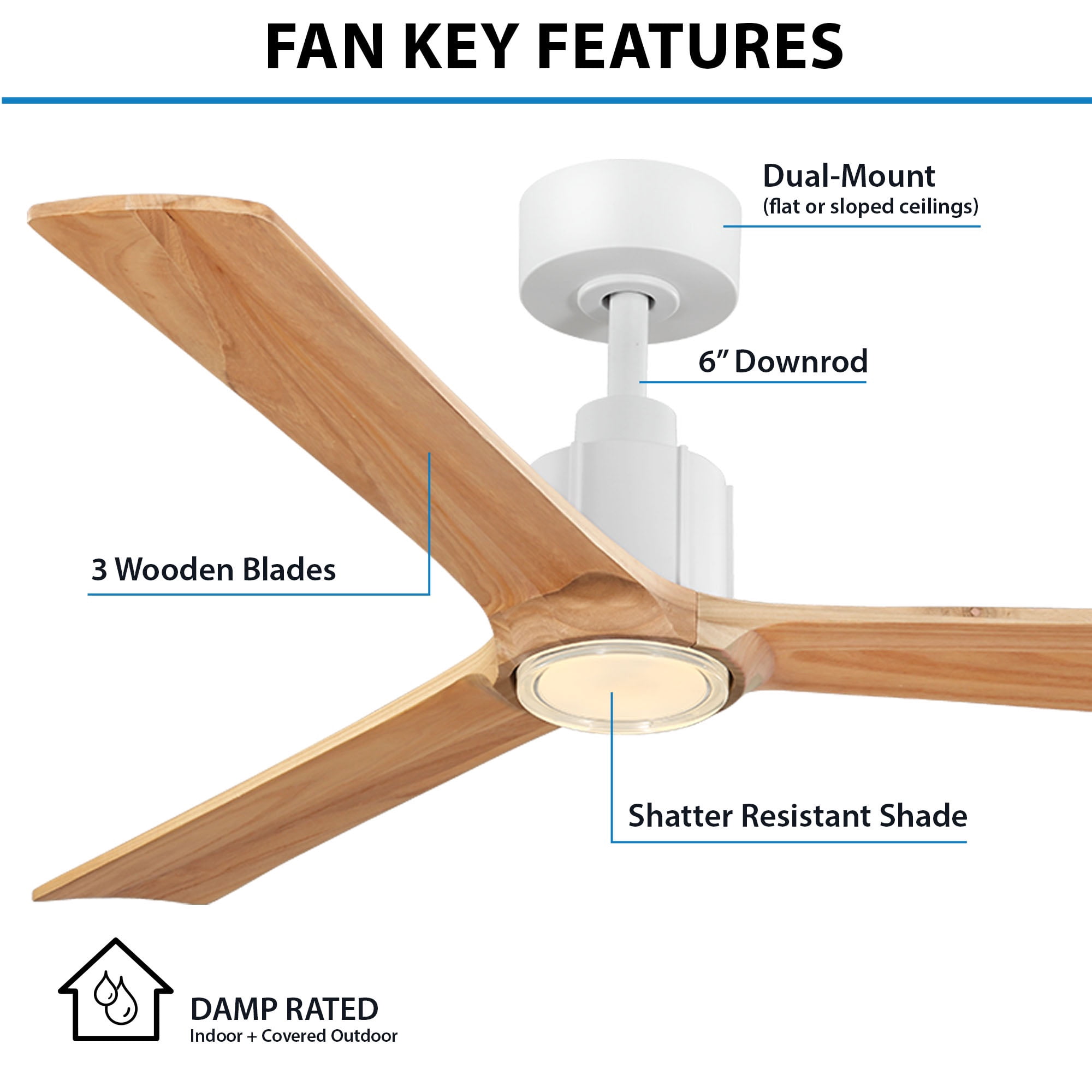 Better Homes & Gardens 52" Zachary Matte White Indoor/Outdoor Downrod Ceiling Fan with Light Kit and Remote Control
