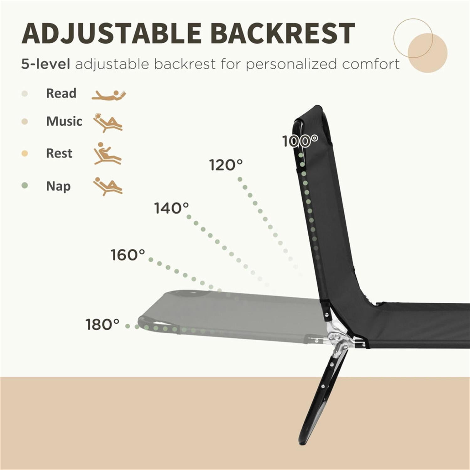 Demi Bonn 2-Piece Outdoor Collapsible Chaise Loungers with Steel Frame, 5-Position Reclining Folding Beach Chairs for Yard, Patio, Black