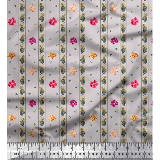 Soimoi Gris polyester Georgette Tissu Feuilles, Rayures & Fleurs Roses Rayures Tissus Imprimés par Yard 52 Pouces de Large
