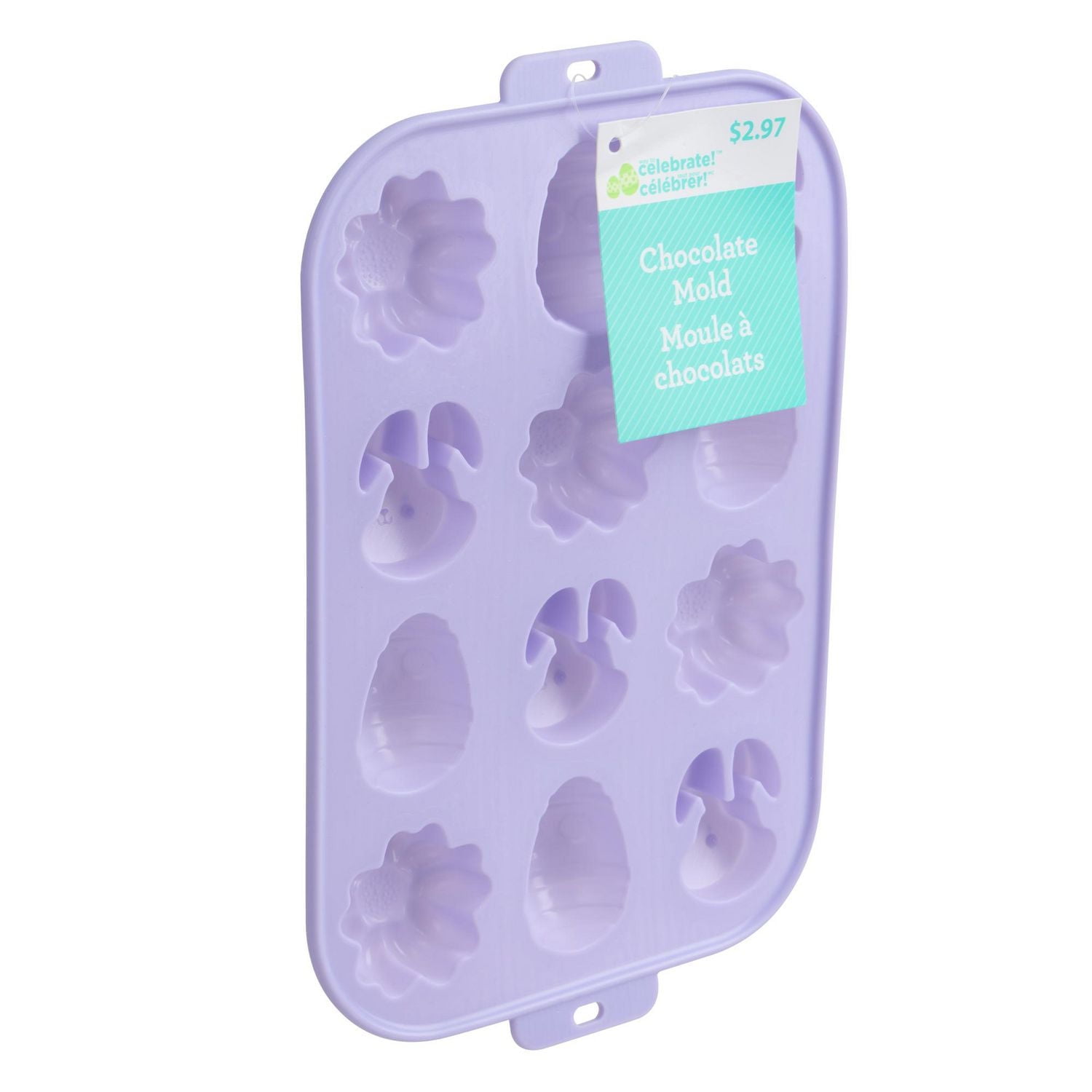 Moule à chocolat Way to Celebrate, Lapins, Fleurs et Oeufs de Pâques, mauve