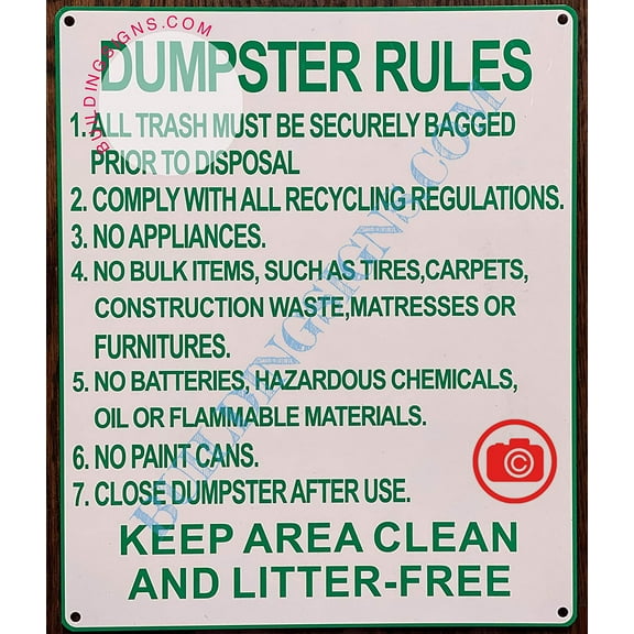 Dumpster Rules Sign (Aluminium 10x12 -Rust Free) (ref-2201)