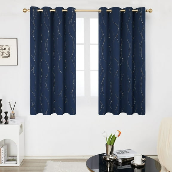 Deconovo Wave Line with Dots Gold Foil Print Design Grommet Top Blackout Curtains for Bedroom Navy Blue W52 x L45 inch Set of 2