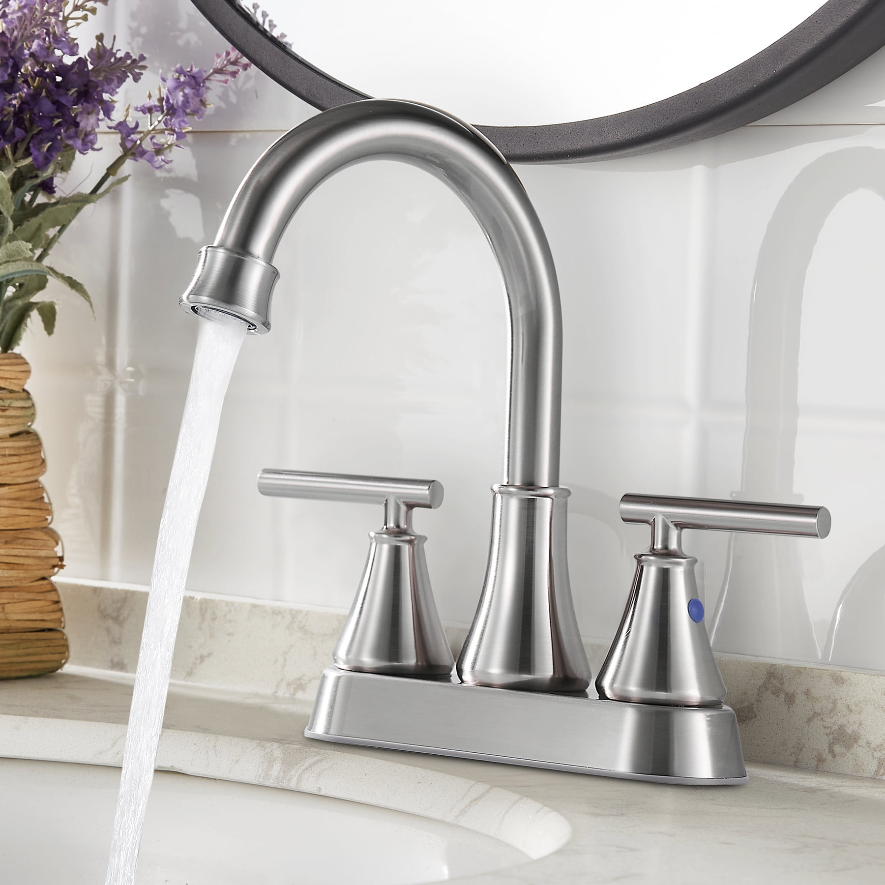 Kede Bathroom Sink Faucet 4 Inch 2 Handle Centerset Brushed Lead-Free Modern Bathroom Faucet Vanity Faucet with Pop-up Drain Stopper and Supply Hoses