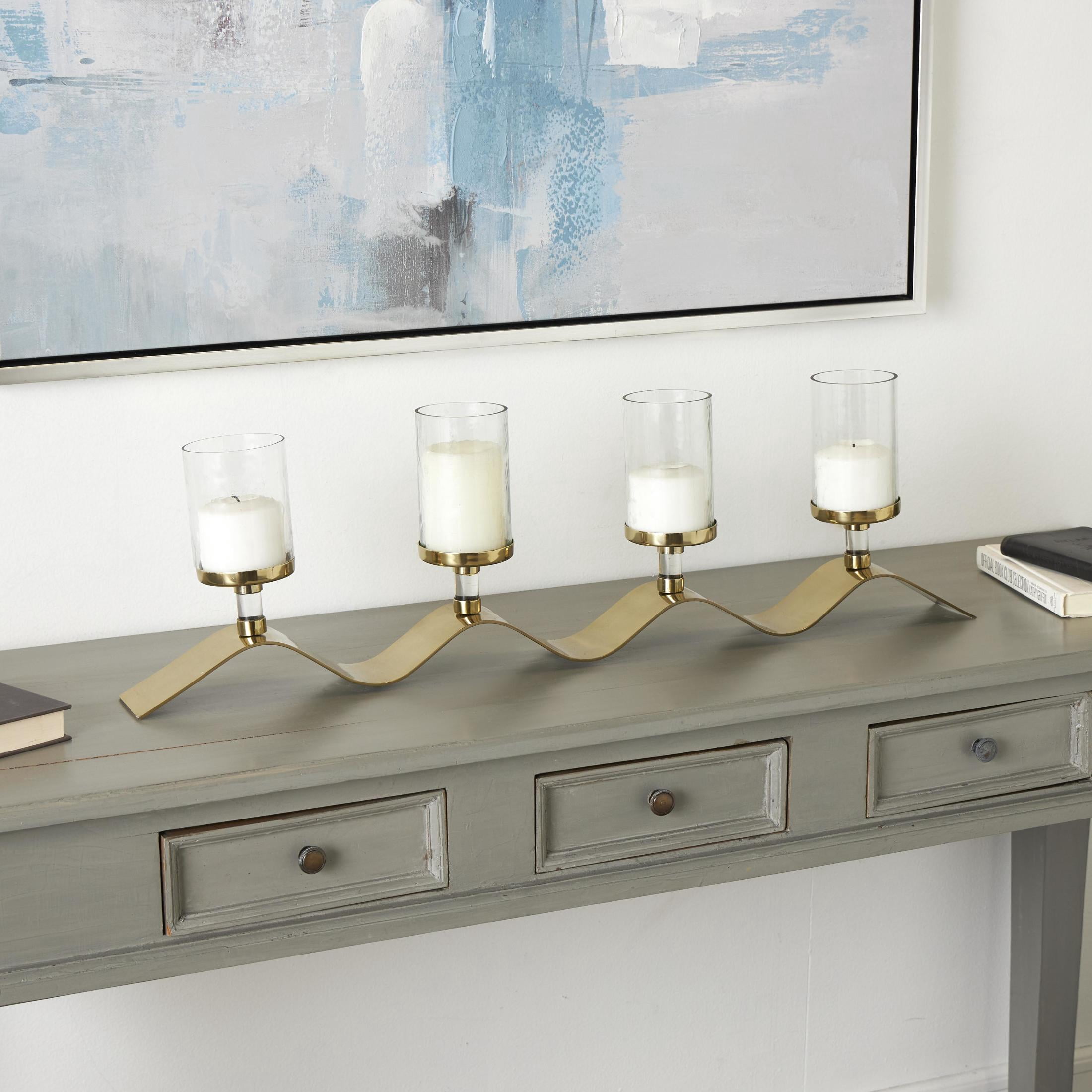DecMode 4-Slot Champagne Stainless Steel Metal 4 Candle Hurricane Lamp with Wavy Base