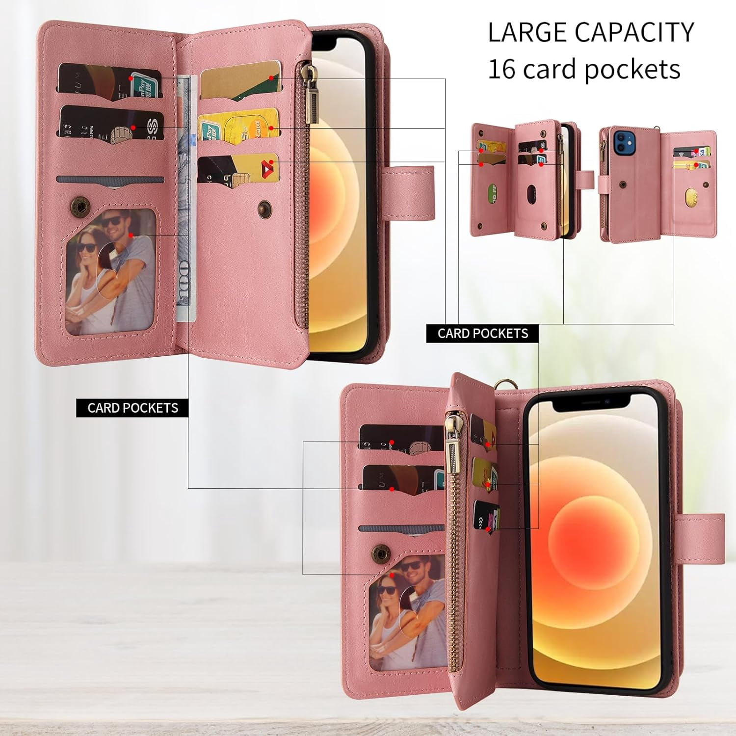 Solennerer Phone Case for iPhone 12 Mini 5.4 Wallet Cover with Tempered Glass Screen Protector and Wrist Strap Flip Credit Card Holder Slot Stand Cell iPhone12mini 5G i 12s iPhone12 12mini Women Men