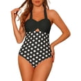 thumbnail image 1 of Monokini de una pieza con cuello halter de lunares para mujer, control de abdomen, corte y tirantes, trajes de baño grandes en negro, 1 of 5