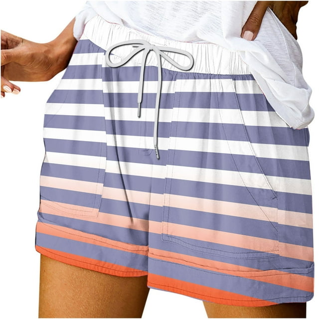 Womens Casual Shorts Summer Elastic Waist Drawstring Lightweight Gradient Color Striped Shorts With Pocket Hot Pink