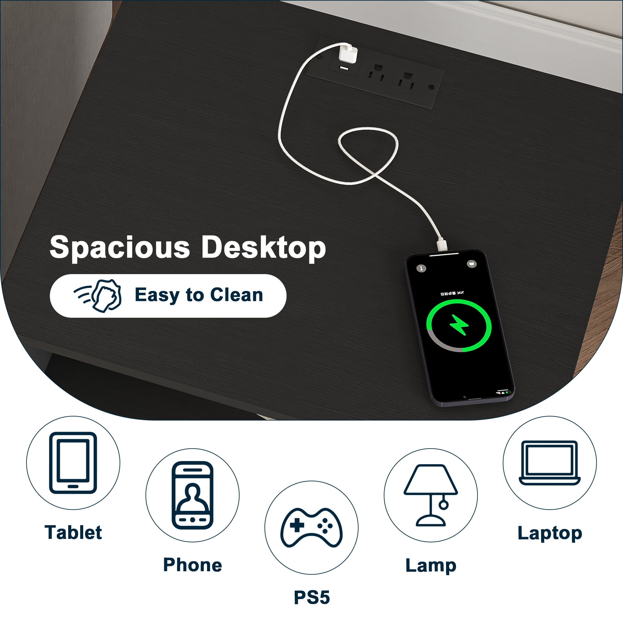 Demi Bonn 18" Side Table with Fast Charging Station USB C Cable Fast Charging, End Table Nightstand with Drawer and Shelf for Bedroom, Living Room, Black