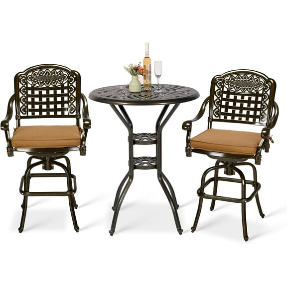 VIVIJASON 3-Piece Outdoor Swivel Bar Stools Set, All Weather Cast Aluminum Patio Bar Height Bistro Set with 2 Cushioned Bar Chairs & 30.8" High Bar Table w/Umbrella Hole for Backyard, Lawn, Garden