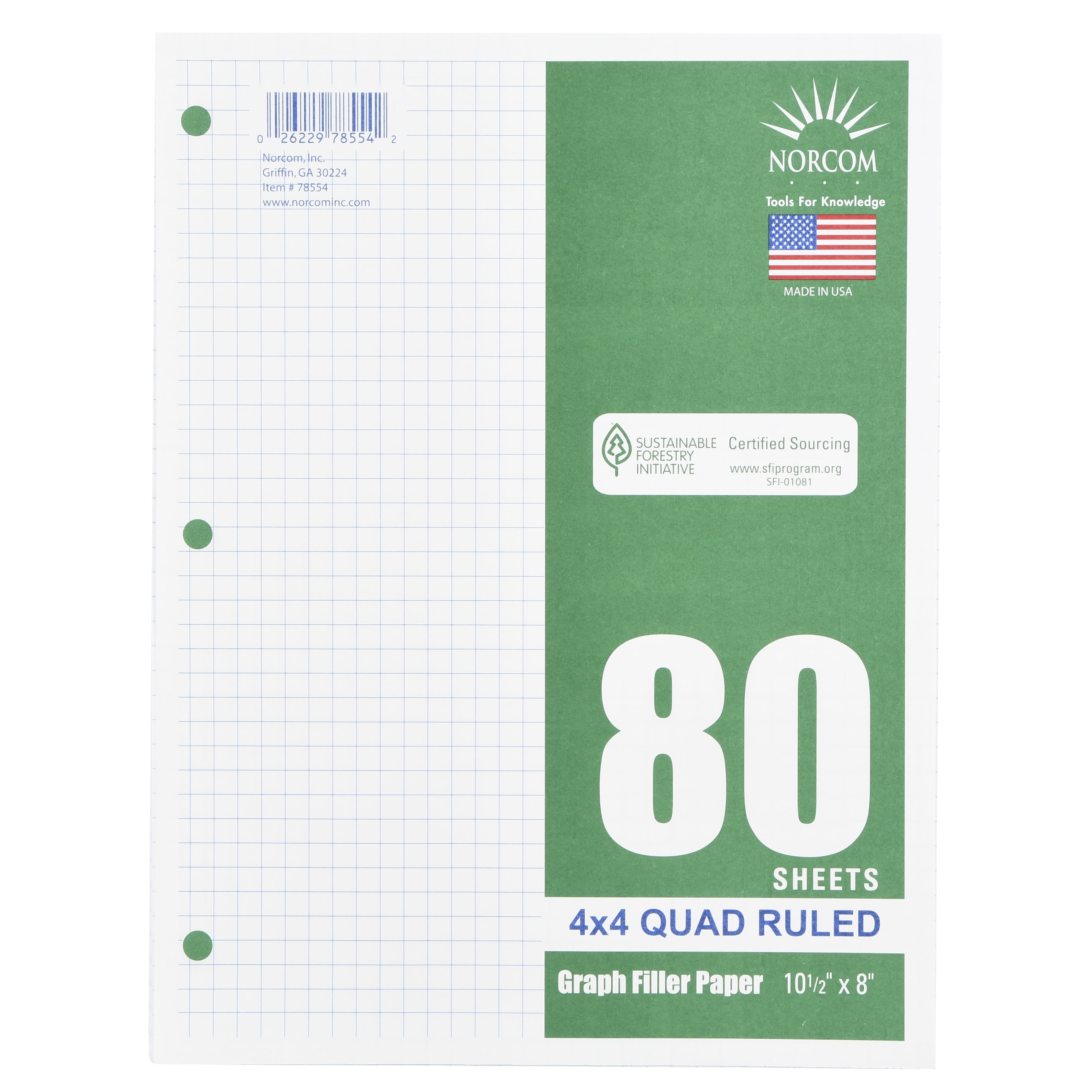 Norcom Filler Paper, Graph Ruled 4x4, 80 Pages, 8" x 10.5", 78554