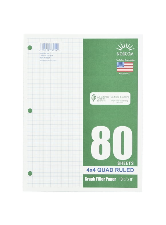 Norcom Filler Paper, Graph Ruled 4x4, 80 Pages, 8" x 10.5", 78554