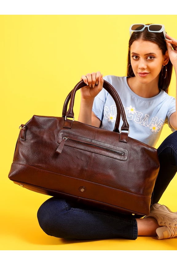 -100% Genuine LeatherDuffle Bag, 44 LTS, Dust Resistant Travel Bag, Spacious Main Compartment, Dark Brown (Urban)