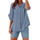 thumbnail image 3 of Sudadera corta,Camisa de mezcla de lino para mujer, túnica con cuello en V y manga 3/4, tela de poliéster, blusa informal de gran tamaño para el hogar, sopatenor, 3 of 8