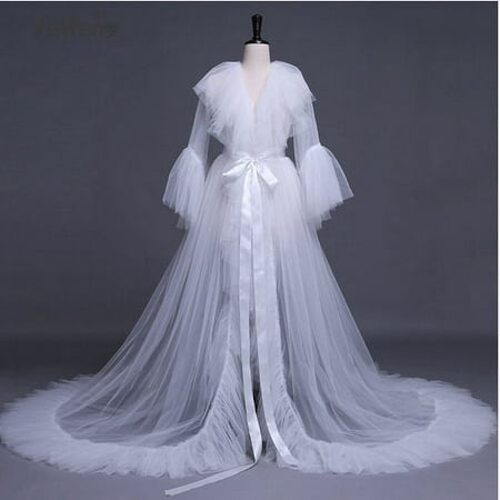 Lnzyyephy Women Summer Kimono Dress  Sheer Tulle V-Neck Long Flare Sleeves Floor-Length Night-Robe Lingerie  4 Colors