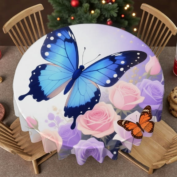 tablecloth round - Blue Purple Butterfly Print, Holiday-Themed Design Polyester Tablecloths tablecloths for round tables, Cafe, dinner, brunch, buffet, picnic