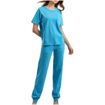 Inleife Two Piece Sets for Women Summer Women's Solid Round Neck Pocket Short Sleeved Top Long Pants Short Sleeved Round Neck Top/shirt Set Blue Sizes Free Size