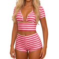 thumbnail image 3 of Arlun Women’s 3 Piece Stripe Outfits Short Sleeve Cut out Crop Top and Sleeveless Cami Bodycon Mini Shorts Set Y2k Color Block Stretchy Slim Fitted Summer Beach Party Matching Sets Pink M, 3 of 7