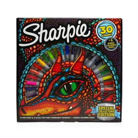 Sharpie Special Collectors Edition Permanent Markers and Dragon Coloring Pages, Fine and Ultra Fine Point, 30