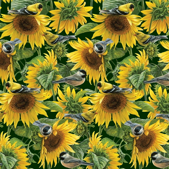 David Textiles 44" x 1 Yard Cotton Sunflower and Birds Precut Fabric, Yellow|Multicolor