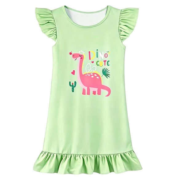MEZZALL Girls Nightgown Soft Breathable Ruffle Fly Sleeve Cute Dinosaur Print Ruffle Hem Loose Fit Kids Sleep Dress Casual O-Neck Home Nightwear Pajama Dress Fashionable Dresses