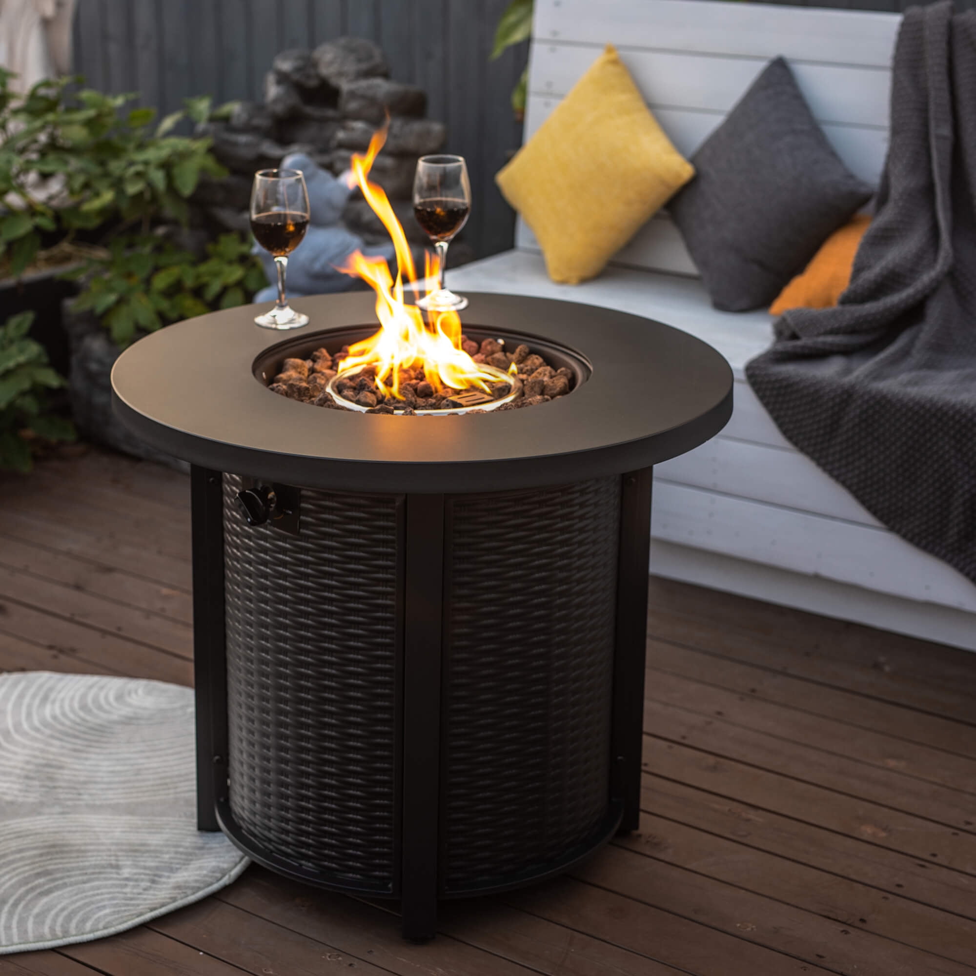 AJ Enjoy 30" Round 50,000 BTU Propane Gas Fire Pit Table with Lid, Black