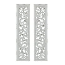 DecMode White Wood Handmade Slim Distressed Carved Panel Scroll Wall Decor (2 Count)