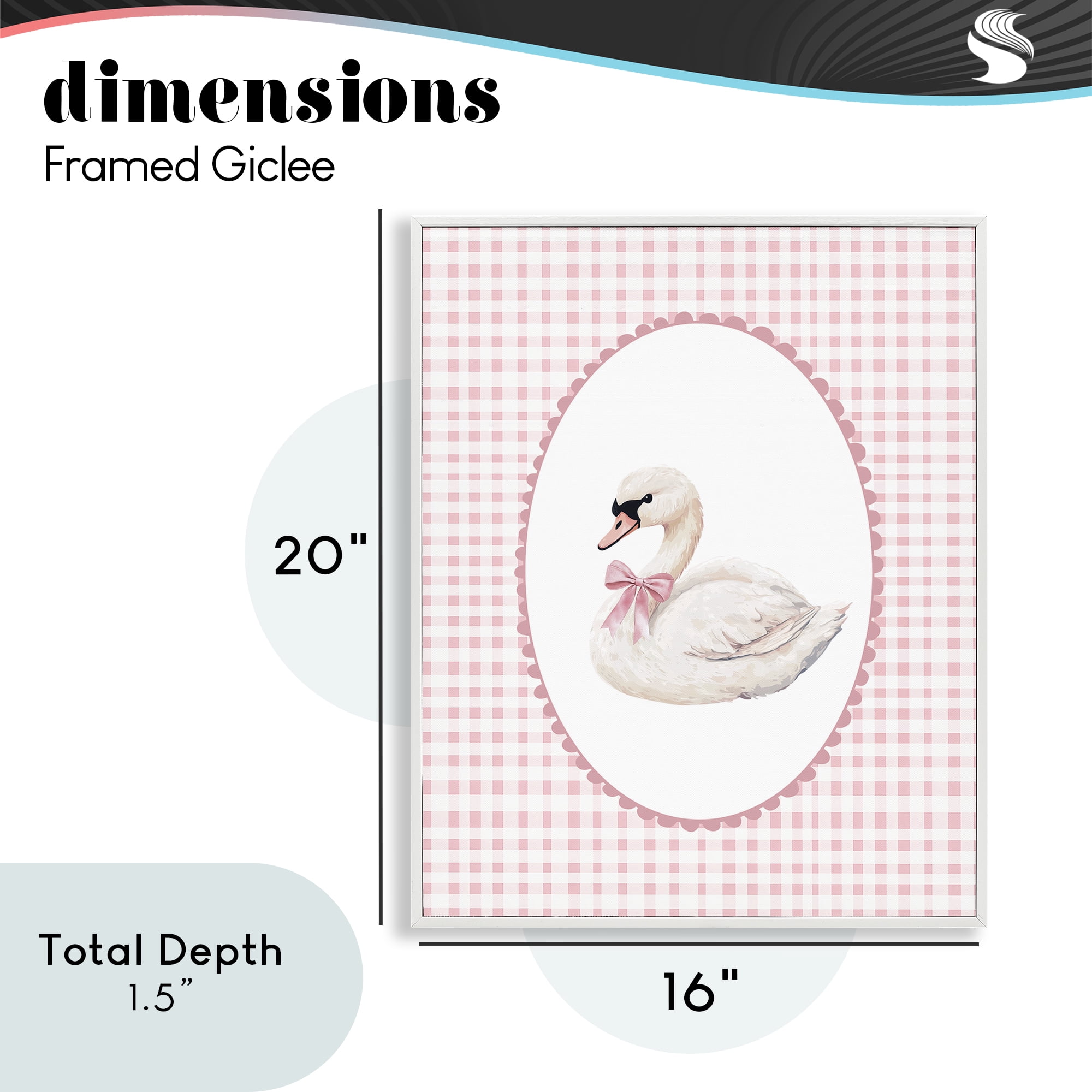 Gentle Swan on Pink Checkered White Framed Giclee Art, design by Christine Simpson Art
