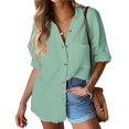 thumbnail image 1 of Camisa HOTOUCH de lino con botones para mujer, manga larga, verde, talla M, 1 of 5