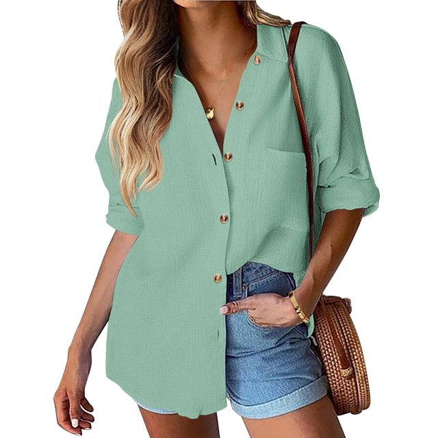 Camisa HOTOUCH de lino con botones para mujer, manga larga, verde, talla M